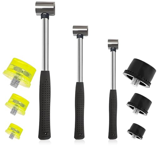 3 PCS Rubber Mallet Set, 24/28/34 mm Double-Faced Soft Hammer Mallet Fret Hammer Plastic Hammers with Replacement Heads for Jewelry Leather Crafts Nylon Hammer