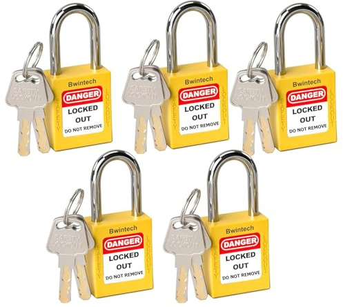 5 Stück Vorhängeschloss Gleichschließend Set, Lockout Tagout Schlösser, 38mm Loto Sicherheitsvorhängeschloss mit 2 Schlüsseln Pro Schloss für Anwendungen in Industrie (Gelb)