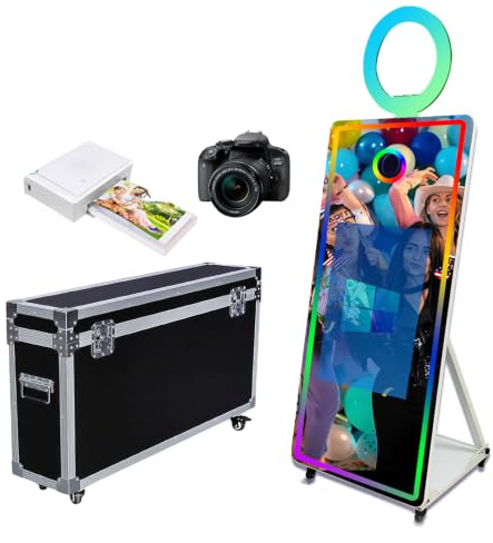WideMeet Magic Mirror Photo Booth 65 avec écran tactile de 81,3 cm, machine à selfie avec miroir, lumière RGB et housse de transport, cabine photo DSLR portable pour événements de mariage (blanc, set