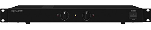 MONACOR SA-200 Universal stereoförstärkare, 100 watt amplifier med tyst drift tack vare fläktlöst kylkoncept och stereolinjeingång, kompakt ljudförstärkare, i svart