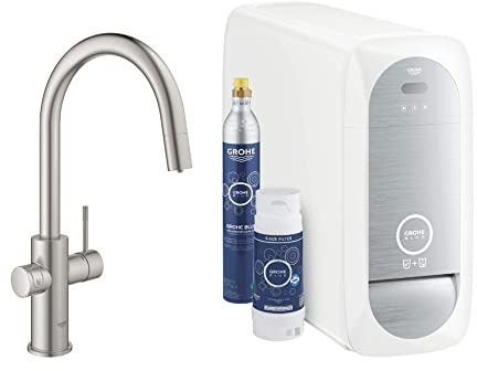 Grohe 31541DC0 Blue Home Starter Kit grifo de cocina con filtro de agua, caño en C, Acero inoxidable
