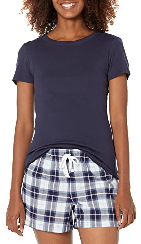Amazon Essentials Set con Maglietta del Pigiama e Pantaloncini in Popeline Donna, Blu Marino Motivo Scozzese, M