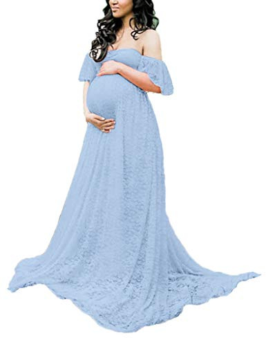 Maternity Photography Props Floral Lace Dress Fancy Pregnancy Gown for Baby Shower Photo Shoot (L, Light Blue)