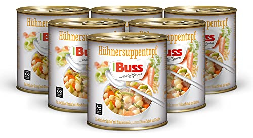 Buss klassische Hühnersuppe - Deftiger Suppentopf mit Hühnerfleisch, Muschelnudeln und Gemüse - Lang haltbare Fertiggerichte zum Aufwärmen in Mikrowelle & Topf - 6 x 800g