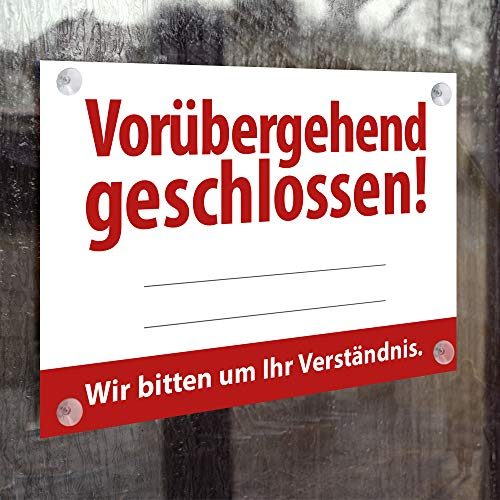 WIRKSAMWERBEN Geschlossen Schild: Vorübergehend geschlossen, beschreibbar, inkl. Saugnäpfe, Rot, DIN A5, Acrylglas