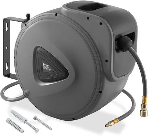tectake® Enrouleur pneumatique avec tuyau air comprimé 30 m, raccord rapide 1/4, Support mural rotatif à 180° et amovible, 8-12 bars, Dévidoir automatique Enrouleur tuyau air comprimé Atelier Garage