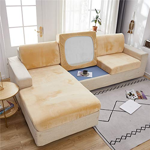 Sofa Sitzkissenbezug, Sofa Sitzkissenbezug Stretch Warm, Elastischer Kissenbezüge, Husse Überzug Bezug Für Sofa Sitzkissen, rutschfest Stoff Samt (Creme,Großer Chaiselongue)