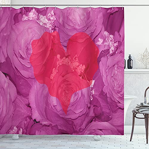 ABAKUHAUS Romantisch Duschvorhang, Herz auf Fuchsia Roses, Stoffliches Gewebe Badezimmerdekorationsset mit Haken, 175 x 180 cm, Fuchsienfarben Dunkle Koralle