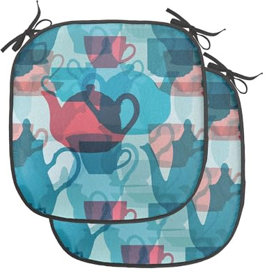 Ambesonne Tea Party Chair Seating Cushion Set of 2, Crockery Composition Abstract Overlapping Silhouettes Teapot and Cups, Anti-Slip Seat Padding for Kitchen & Patio, 16x16, Dark Coral Pale Blue