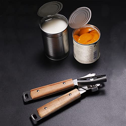 AmJoylst Abrelatas de acero inoxidable para cocina, mango de madera de acacia manual con agujero para colgar duradero (abrelatas)