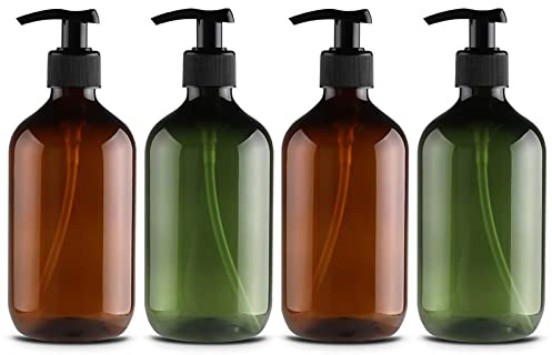 4 Pièces Distributeur de Savon 300 ML, Flacons Vides à Pompe à Pression Vide en Plastique, Rechargeable pour Huiles Essentielles, Lotions, Shampooing, Après-shampoing (Marron Vert)
