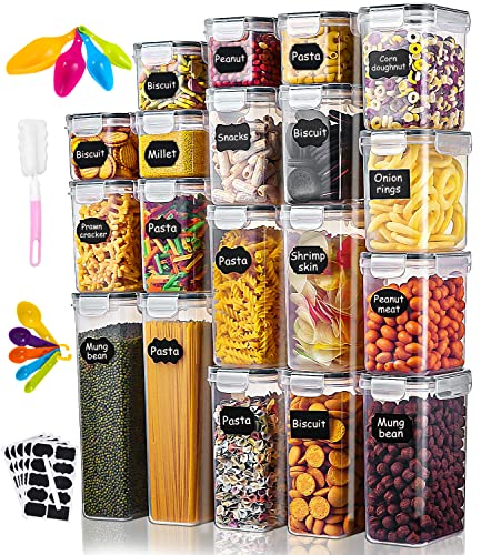 heuchaey Set di 19 Contenitori Alimentari per Cereali,Contenitori Plastica con Coperchio,Etichette e cucchiai,Barattoli Ermetici per Cereali,Muesli,Farina（2.8L 2L 1.4L 0.8L）