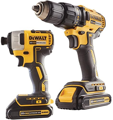Dewalt Taladro/destornillador compacto inalámbrico de 20 V MAX sin escobillas de 1/2 pulgada y kit combinado de impacto de 1/4 pulgadas (2 taladros/controladores y 2 baterías)