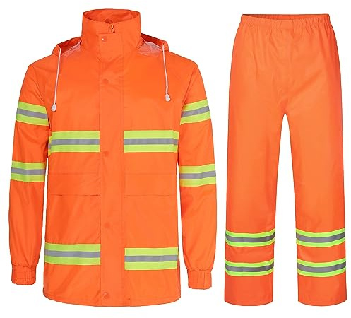 MeiLayM Uomo Tuta da Pioggia Impermeabile Antivento con Cappuccio Set di Giacca e Pantaloni da Pioggia Lavoro Pesca Abbigliamento Escursioni a piedi Giacca Con Strisce Riflettenti