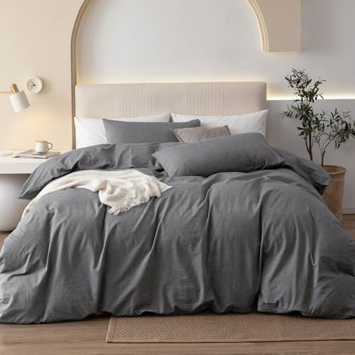 JIYUAN King Size Duvet Cover Set, 3-Piece - 100% Washed Cotton, Linen-Like Soft & Breathable with Zipper Closure, Includes 104x90 Inch Cover & 2 Pillowcases, Heathered Dark Grey