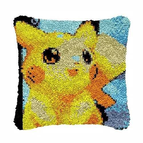 ROCKY&CHAO Latch Hook Cushion Kits for Adults, Latch Hook Pillow Case Kits Embroidery Kits 17X17Inch, DIY Needlework Pillow Cover Sofa Cushion Rug Making Kits, DIY Craft Kits 43x43 cm - Cute Cartoon