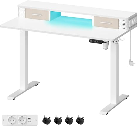 VASAGLE Höhenverstellbarer Schreibtisch elektrisch, 120 x 60 x (72-120) cm, stufenlos verstellbar, mit Monitorständer, Steckdosenleiste, Haken, Memory-Funktion, wolkenweiß LSD182W01