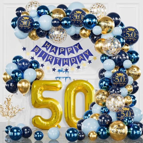 50 Geburtstag Deko Marineblau Gold für Männer Frauen, Happy Birthday Banner, Konfetti Luftballons für 50 Jahr Geburtstagdeko
