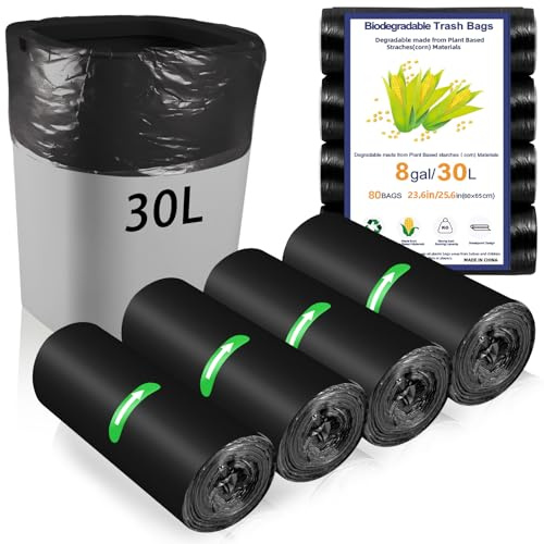 80 x 30 Liter Bin Bags, 23.6 * 25.6 in/8Gallon Food Waste Bag 4 Roll Black | (60x65cm) Kitchen Bin Liners Food Caddy Bags Caddy Bin Liners for Office Bathroom Kitchen Garbage Bin