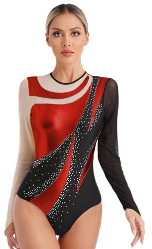 Nyeemya Damen Turnanzug Langarm Gymnastikanzug Einteiler Bodysuit mit Strass Ballett Trikot Tanz-Body Tanzkleidung Rot XL