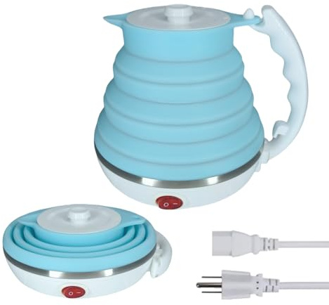 DOFQQG Travel Electric Kettle Small, Portable Travel Kettle Electric, Collpasible Electric Kettle, Food Grade Silicone Tea Kettle, Ultra-thin Foldable, Auto Shut off and Keep Warm, 110V 555ml (Blue)