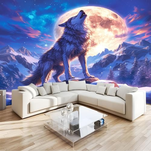 Fototapete Vliestapete Tier Wolf Schneeberg 3D-Effekt Modernes Wandbild, Für Wohnzimmer, Schlafzimmer, Kinderzimmer & Büro Premium Wanddeko B200 X H140 Cm