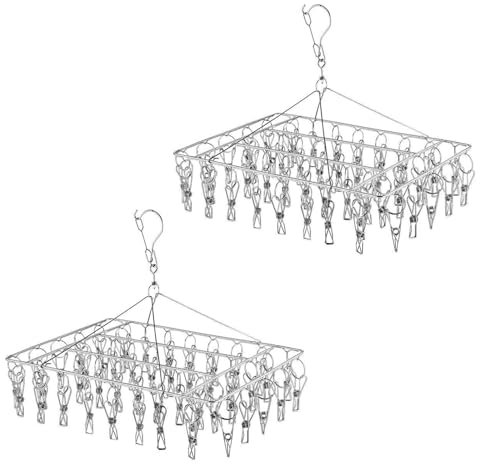 ZHYOPING 2 Pack Sock Hanger for Washing Line, Metal Sock Dryer with 50 Pegs, Stainless Steel Underwear Dryer Hanger with Clips, Swivel Hook Wind-Proof Clothes Drying Hanger, Sock Airer with Pegs