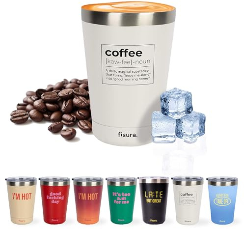 Fisura – Gobelet isotherme original blanc 310 ml. Tasse isotherme en acier inoxydable sans BPA pour café à emporter. Tasse thermique compatible voiture.