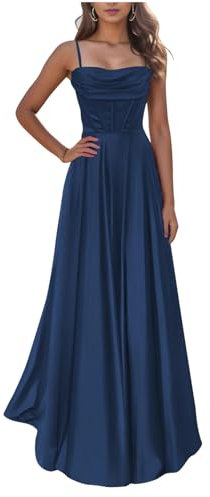KURFACE Robe de bal en satin pour adolescentes, col bénitier et bretelles spaghetti, longue robe de bal formelle pour femmes, bleu marine, 50 Grande taille