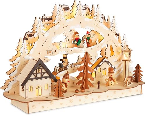 BRUBAKER Arco de Velas 3D - Aldea en un Paisaje Nevado de Invierno - Luces de Navidad LED de Madera Natural - 27 x 45 x 12 cm - Decoración Navideña Pintada a Mano para Mesa y Alféizar de Ventana