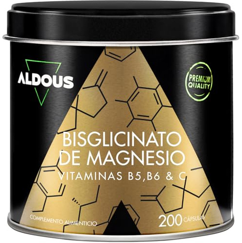 Bisglycinate de Magnésium - 200 Capsules - Vitamine C, B6, B5 - Magnésium hautement biodisponible - Vitamines pour la fatigue - Os et Articulations, Muscles - ALDOUS