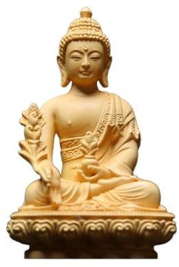 Holz Medizin-Buddha-Statue mit Glas-Lotussockel - Handgefertigte Liuli-Buddha-Figur aus Holz für Heimdekoration, Wohnzimmer oder Altar, ruhige und schützende Skulptur