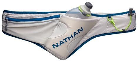 Nathan Peak Running Hydration - Cinturón de hidratación con botella de agua Speed Draw Flask, 18 onzas/535 ml, tapa de carreras de empuje y tirón, bolsillo elástico expandible con cremallera, Gris