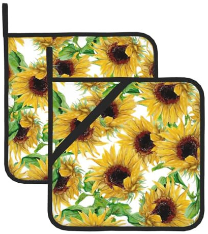 Set di 2 presine gialle con stampa di girasoli, da cucina, per donne e uomini, per cucinare al forno a microonde