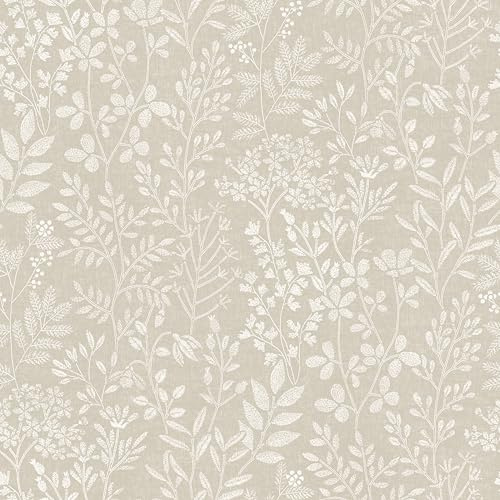 Grandeco Embroidery Stitched Organic Foliage Trail Wallpaper, Neutral
