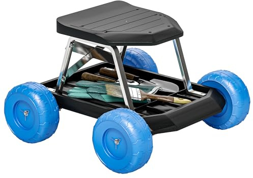 Outsunny Sedile da Giardino su Ruote Sgabello con Vassoio Porta Attrezzi per Diserbare e Piantare, 50 x 49 x 32 cm, Blu