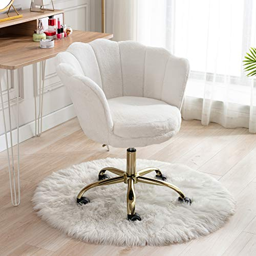 Ya-Home Silla Escritorio de Lana Sintética Silla de Oficina Giratoria,Silla de Trabajo Moderna con Patas Doradas Silla Despacho de Ordenador en Altura Ajustable para Dormitorio/Tocador,Blanco