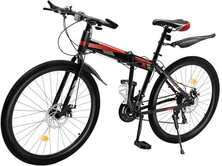 Klapprad in 26 Zoll Höhenverstellbar Klapprad Erwachsene Jugendliche für Faltrad Schnellfaltsystem 21 Gang mit Variabler Geschwindigkeit Stadtrad für 160-195 cm Damen und Herren (Schwarz+Rot)