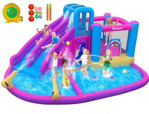 FBSPORT Inflatable Bounce House,Water Slide Park Bouncer Castle with 2 Slide & Double Cannon, Climbing Wall, Kids Bouncy Castle with 550W Air Blower for Backyard, Outdoor, Indoor