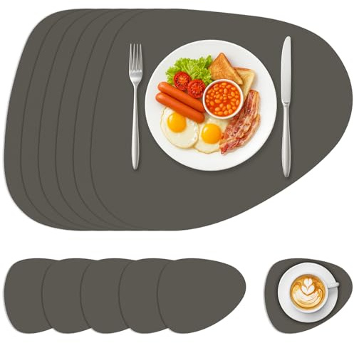 Sevenpers Tischsets Abwaschbar, Tischsets Leder and Untersetzer 6er Set | Wasserdicht rutschfest Platzdeckchen Platzset für Hause Küche Restaurant und Hotel,Grau,42x33cm