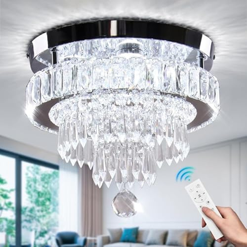 Cainjiazh 11.8 Dimmable Crystal Chandelier Crystal Ceiling Light Modern Chandeliers Flush Mount Ceiling Light Lamp Fixture for Dining Room Living Room Bedroom Hallway Remote Control