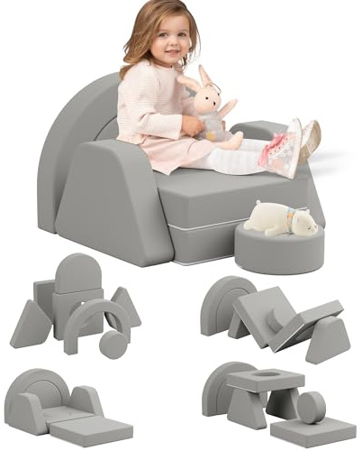KEEPREAPER 7 TLG. Spielsofa für Kinder, 7 in 1 Modulares Kindersofa aus Schaumstoff, Kord, Kindercouch waschbar, Schlafsofa für Kinderzimmer (Grau, Einzelsitz)