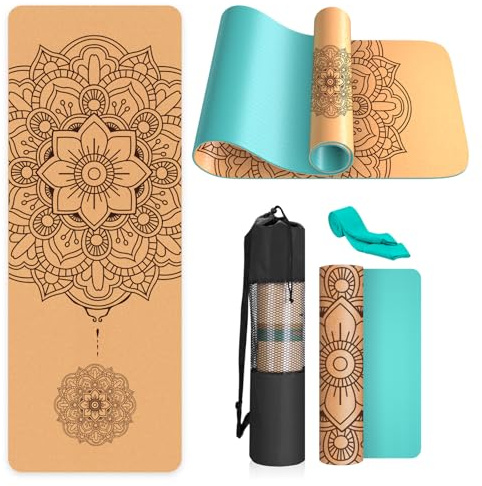 Haninj® Yogamatte Kork – Rutschfeste Yoga Matte, Einzigartiges Design, Naturkautschuk TPE Gymnastikmatte, Trainingsmatte mit Tragetasche & Gurt, für Zuhause, Pilates, Aerobic Fitnessstudio und Workout