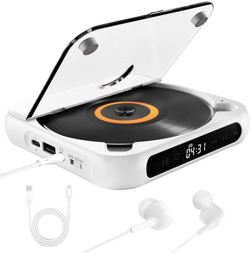 Lettore CD portatile con Bluetooth e cuffie, batteria ricaricabile da 2000 mAh, suono Hi-Fi, cavo USB, ingresso AUX per auto e uso domestico