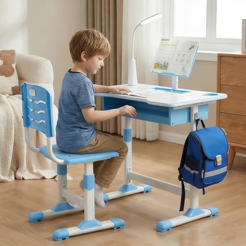 Oyajia Juego de escritorio y silla para niños, altura ajustable, para escuela, estudio, juego de sillas de mesa con diseño de astronauta, silla ergonómica de escritorio con gran pizarra (azul)