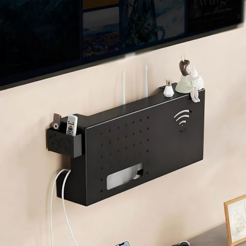WiFi Router Regal Metall Set-Top-Box Kabelbox Steckdosen Box Verstecken Ordentlich Aufbewahrungsbox Ohne Bohren Wandmontage Router Schrank Staubschutz Cable Management Box Modem box Storage(Schwarz)