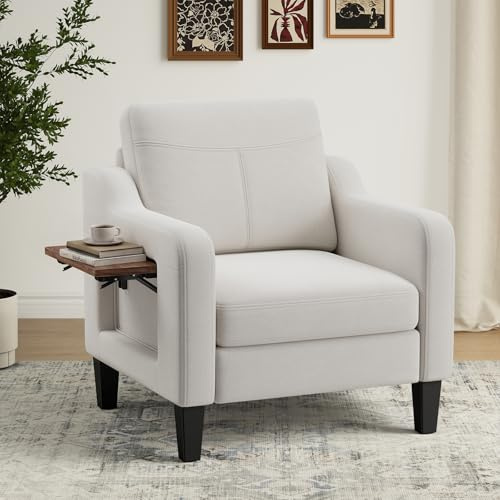 Arm Chairs for Living Room Set of 1, Accent Chair with Side Storage Pocket and Foldable Table, Fabric Armchairs with Thick Cushion, Anti-slip Solid Plastic Legs Single Sofa Chair for Bedroom, Beige