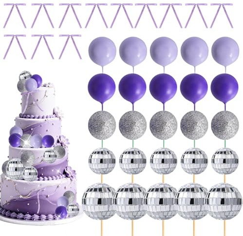 Disco Ball Cake Decorations Purple Cake Bow Balls Cupcake Topper ball | Purple and Silver Cake Disco balls Topper Supplies for Birthday Wedding Baby Shower Party Decoration Anniversary