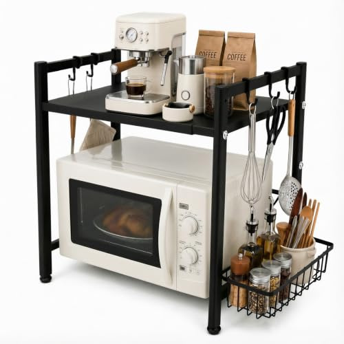 Ribech Soporte Ajustable Microondas, Cesta & Ganchos De Acero Inoxidable | Alta Capacidad De Carga | Protección Antideslizante | Montaje Rápido | Limpieza Fácil | Almacenamiento Seguro