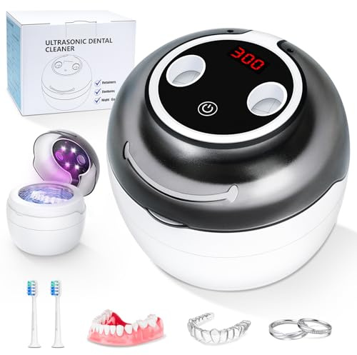 LKEE Ultrasonic Retainer Cleaner - 50kHz Sonic Cleaner with 4 U-V Lights and 4 Timers, for Retainers, Aligners, Dentures, Night Guards 250 ml Deep Clean for Braces and Toothbrush Heads